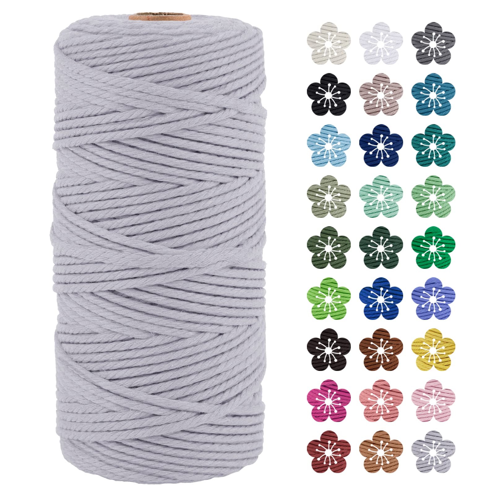 LEREATI Macrame Cord 3mm x 100m, Thick Macrame Rope Natural Cotton Rope Craft String, 4 Strand Twisted Cotton Cord Yarn for DIY Plant Hanger, Wall Hanging, Christmas Decoration (Light Gray)