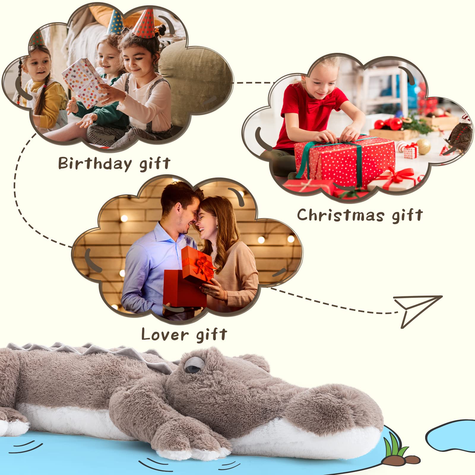 MorisMos 170cm lang riesen Krokodil Kuscheltier XXL, weich groß Aligator Stofftier Plüschtier,Plüsch Crokdil Spielzeug Kissen, crocodileteddy Geschenk Kinder Mädchen Baby 3