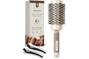 AIMIKE Round Hair Brush, Nano Thermal Ceramic & Ionic Tech, 2.1 Inch Barrel with Boar Bristles for Enhanced Texture, Golden, Hair Drying, Styling, Curling and Shine + 4 Free Clips