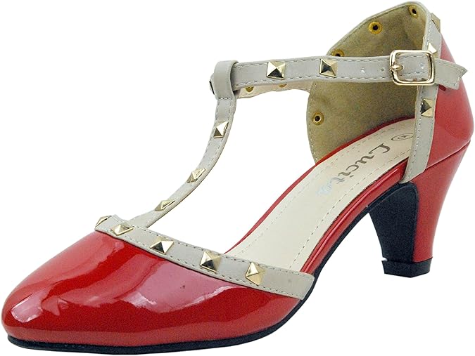 Amazon.com | Womens High Mid Low Heels Mary Jane T-Strap RED Black Studded Oxford Sexy Pump(H169 