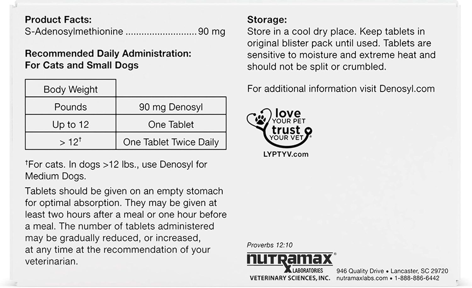Nutramax Denosyl Tablets, Small Dogs and Cats, 90mg, 30 Count, 3-Pack : Pet Antioxidant Nutritional Supplements : Pet Supplies