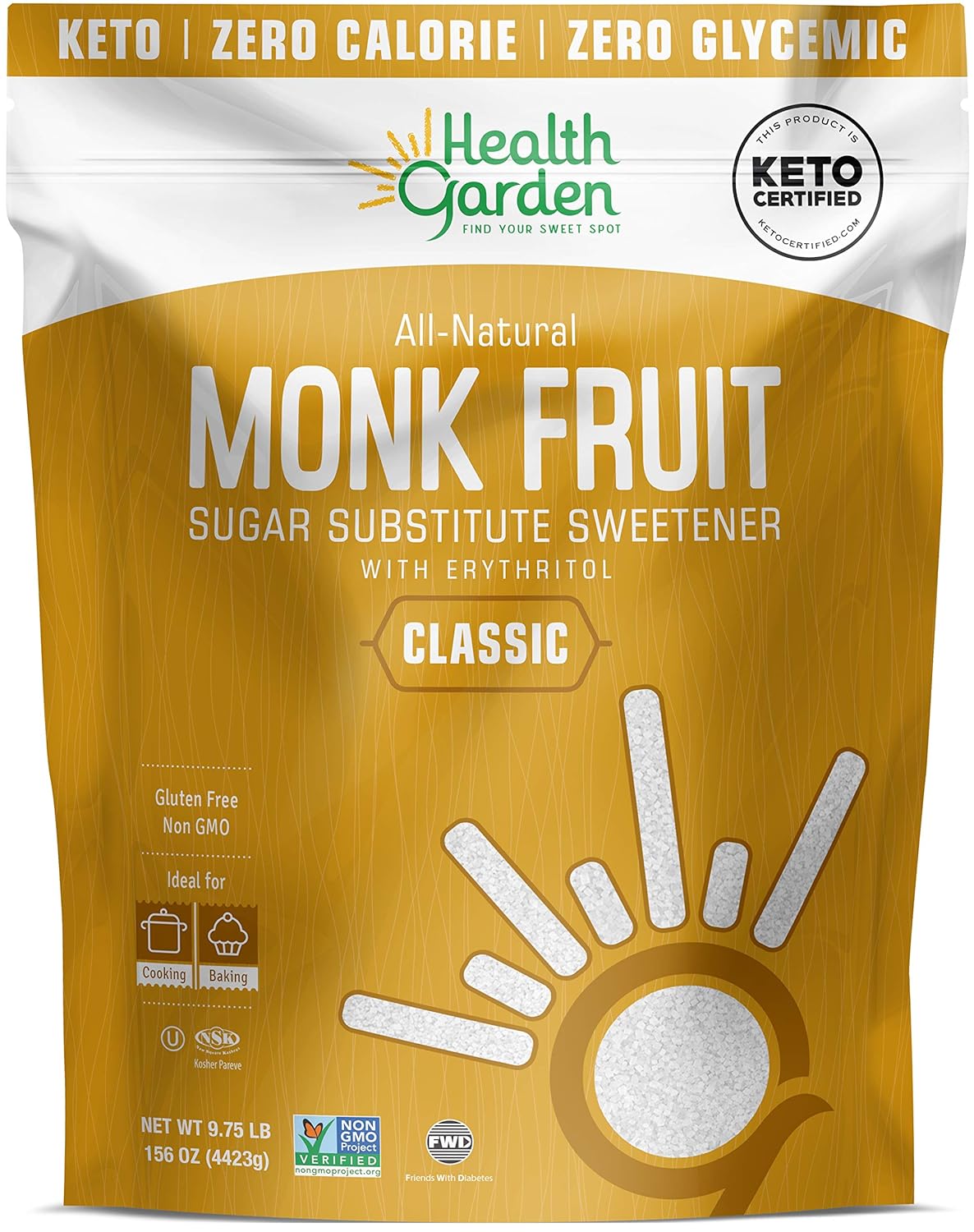Health Garden Monk Fruit Sweetener, Classic White - Non GMO - Gluten Free - 1:1 Sugar Substitute - Keto Friendly - Taste Like Sugar (9.75 Lb)