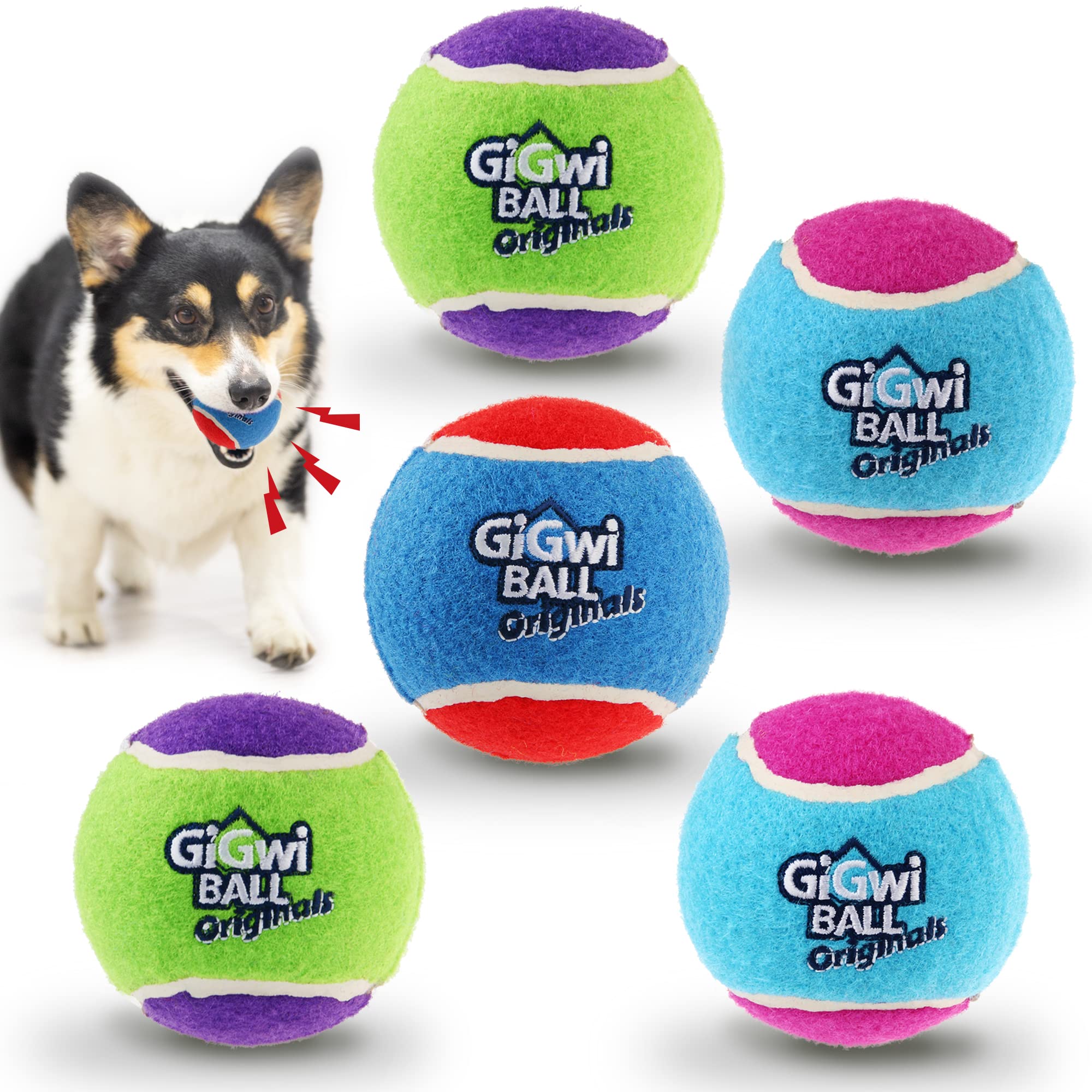 GiGwi Squeaky Tennis Balls for Dogs, High Bouncy Bright Colors, Interactive Funny Toys for All Breeds, Indoor & Outdoor Games, 5 Pack