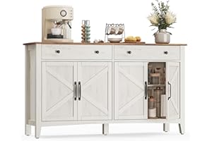 VASAGLE LIRY Collection - Buffet Cabinet, Coffee Bar Cabinet with 2 Drawers, Adjustable Shelves, Sideboard Storage with Cable Holes, Drawer Dividers, Rustic White and Honey Brown UBBK381W01