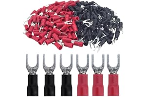 DQLIOWUO 200Pcs 22-16 AWG #8 Brass Insulated Fork Spade Wire Connector Red and Black U-Type Electrical Crimp Spade Terminals (Brass(100Pcs Red+100Pcs Black), 22-16 AWG #8)