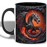 Dragon Coffee Mug, Red Handle and Interior, Fiery in Lava Cracked Design, 11oz Ceramic Cup for Fantasy Enthusiasts, Unique Gift for Men, Office, Home, Birthday, Christmas