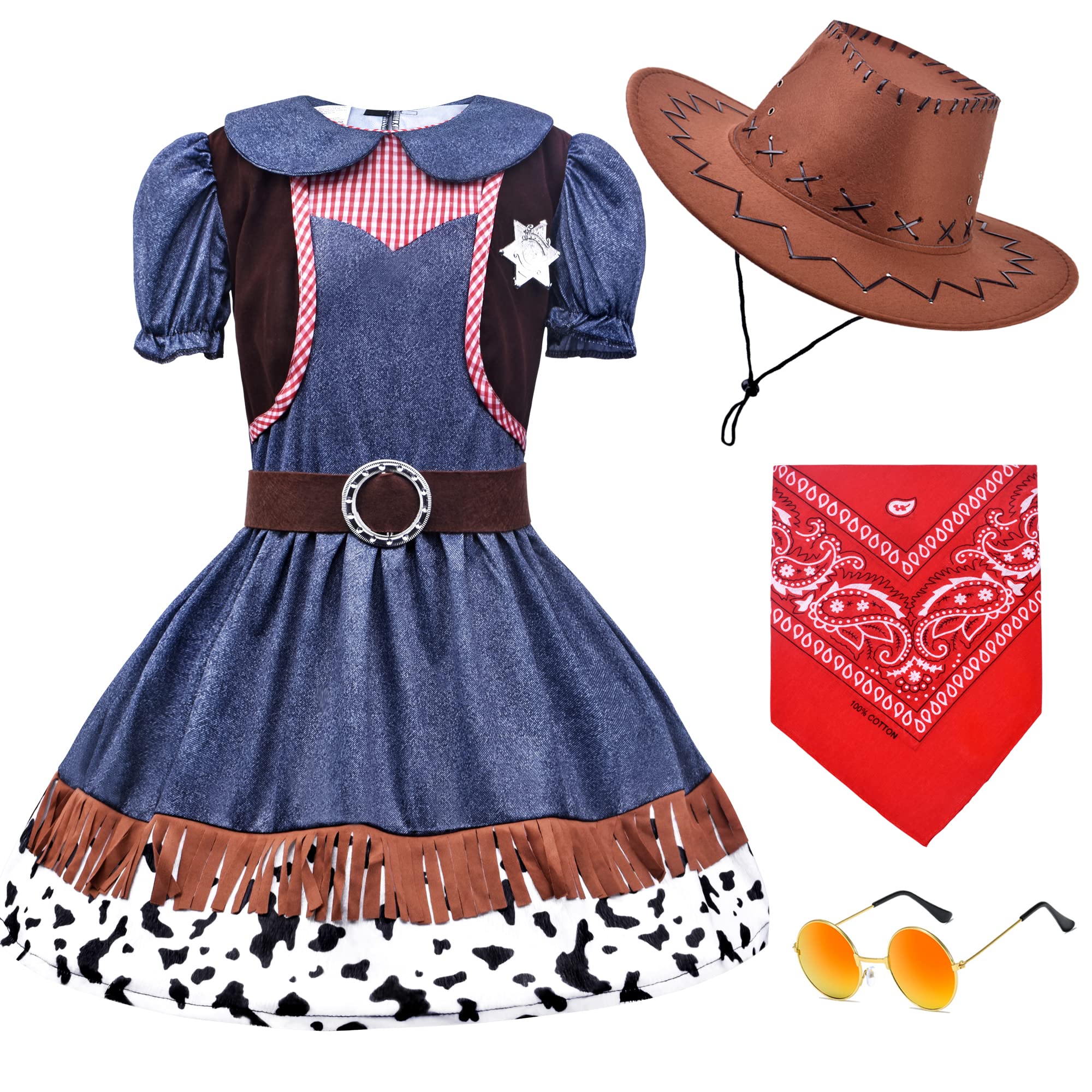Photo 1 of ZZIHAN Kids Cowgirl Costume Dress Outfits for Girls Role Play Cowboy Cowgirl Hat Bandanas Belt Sunglasses Dress up Accessories for Toddlers Girls Birthday Party Halloween Christmas Cosplay Gift 3-4T