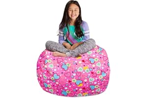 POSH CREATIONS Posh Stuffable Kids Stuffed Animal Storage Bean Bag Chair Cover - Childrens Toy Organizer, Large-38 - Canvas Multi-Colored Hearts on Pink