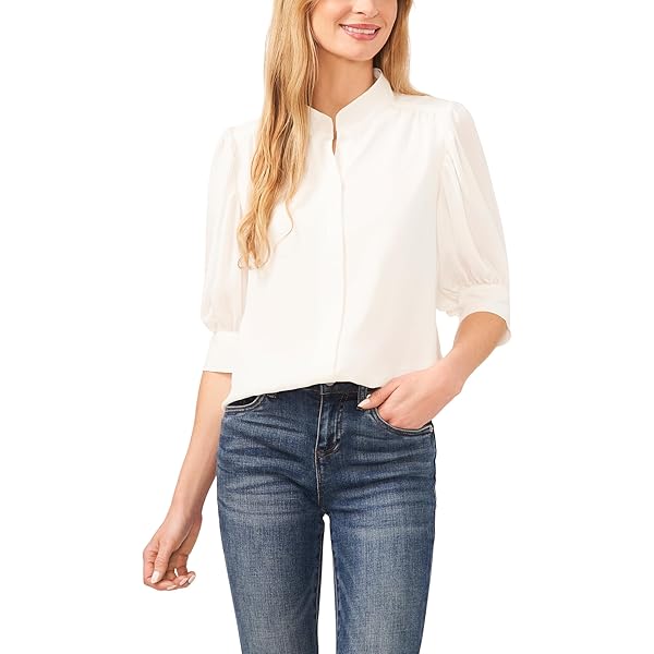 CeCe Women's Long Sleeve V-Neck Blouse W/Smocking Cuff, Rich Black