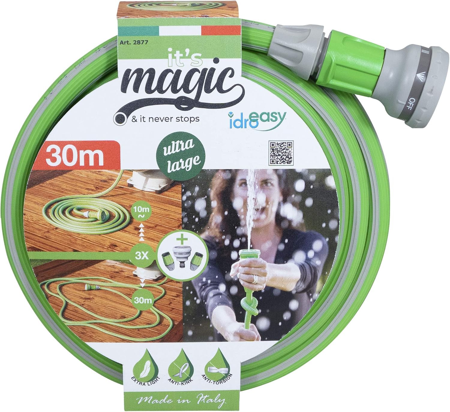 Idroeasy, 30 Meter Expandable Garden Hose with 6-Function Shower Head and Fittings
