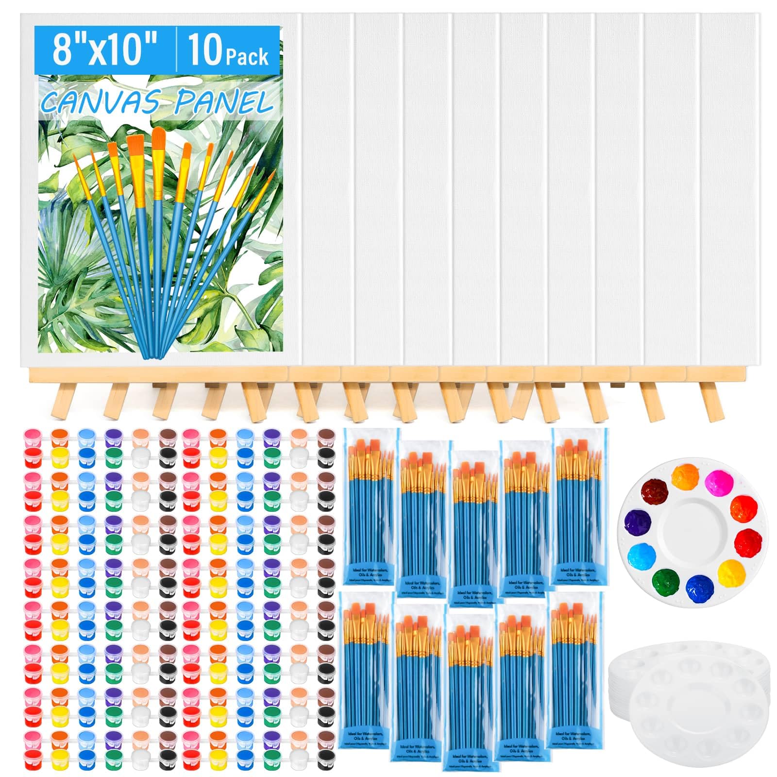 Photo 1 of 10 Pack 8*10in Canvas Boards for Painting, Art Canvas with Easel for Drawing with 100Pcs Assorted Brushes Paint Trays 12-Color Acrylic Paint, Mini Painting Canvas Set, for Adults & Kids Party