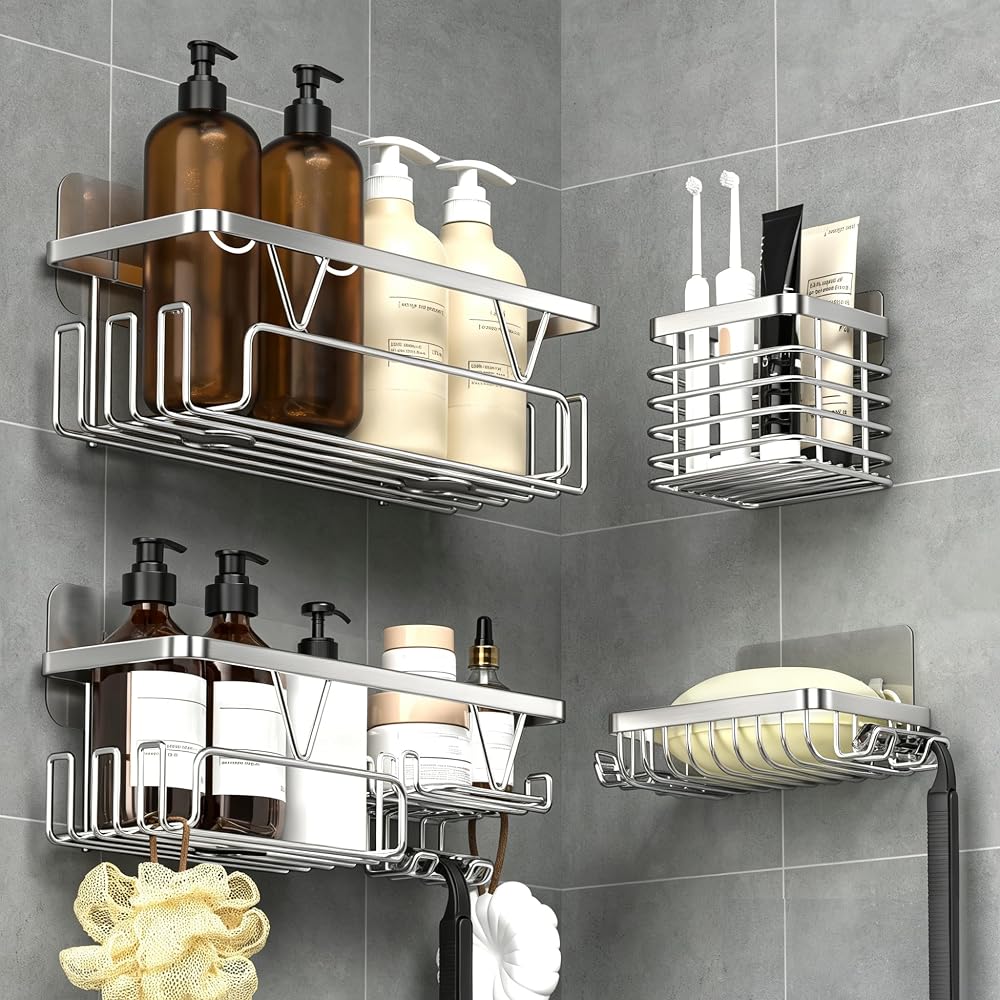 KEGII Shower Caddy Adhesive 4 Piece Stainless Steel with Toothbrush & Soap