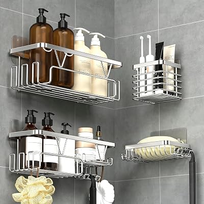 KEGII Shower Caddy Adhesive 4 Piece Stainless Steel with Toothbrush & Soap