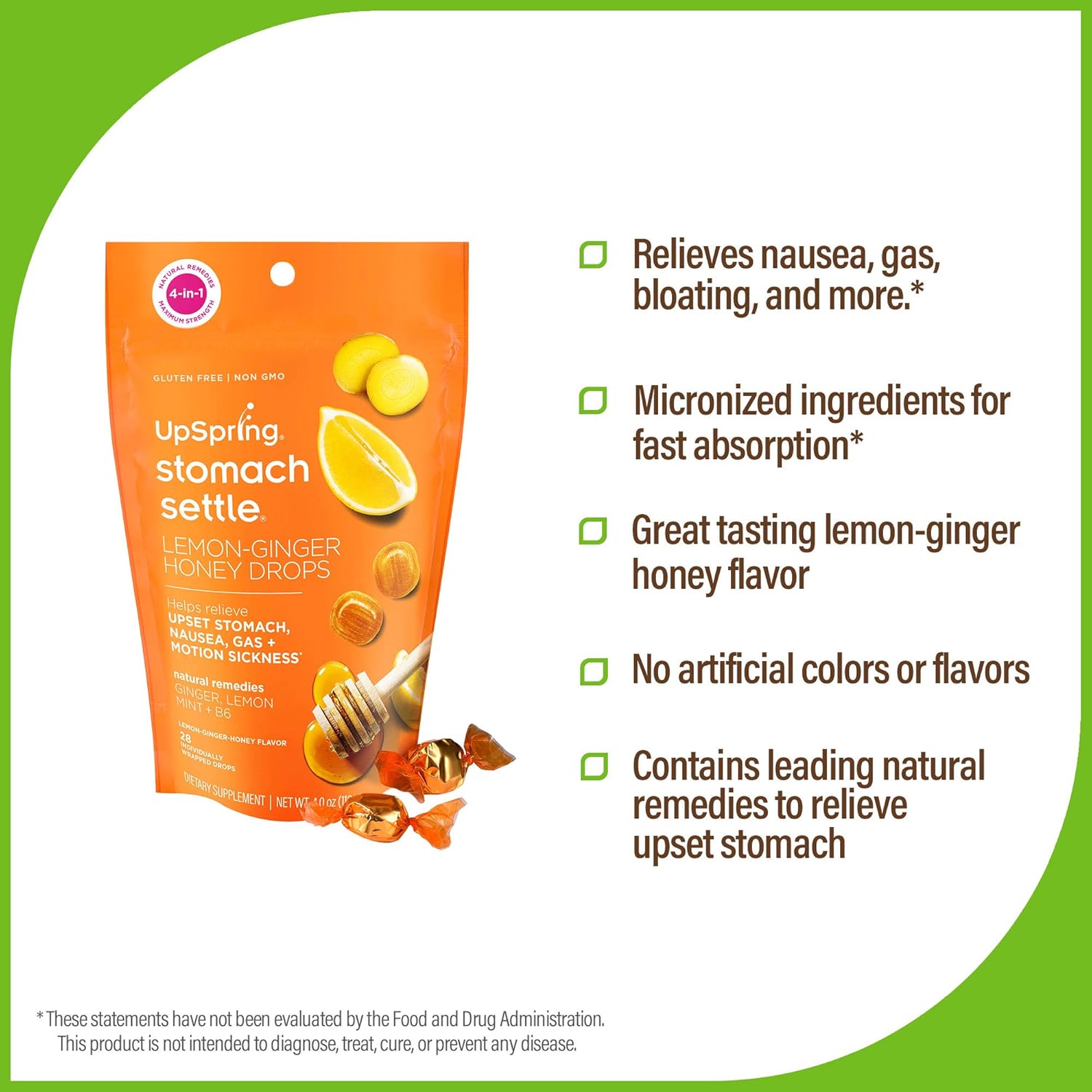 Amazon Com Upspring Stomach Settle Drops For Nausea Gas Bloating Morning Sickness And Motion Sickness Relief 28 Count Individually Wrapped Drops For Tummy With Ginger Lemon Spearmint Honey And B6 Health Personal