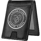 Military Veteran Products Marine Corps Black Crazy Horse Leather Bi-Fold Card Holder with Money Clip Black USMC