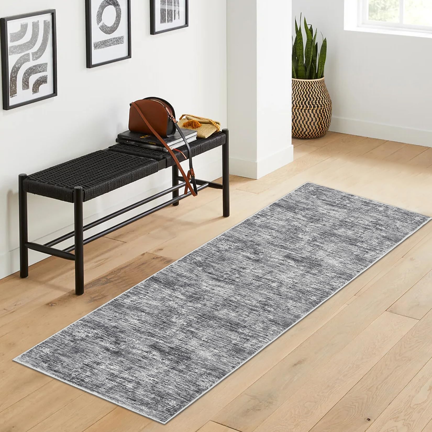 RUGSREAL Modern Runner Rug 2.5x8 Stain Resistant Washable Kitchen Runner Carpet ith Rubber Backing Low Pile Contemporary Solid Color Entryway Mat Ultra Soft Rug for Living Room Bedroom, Ivory Grey