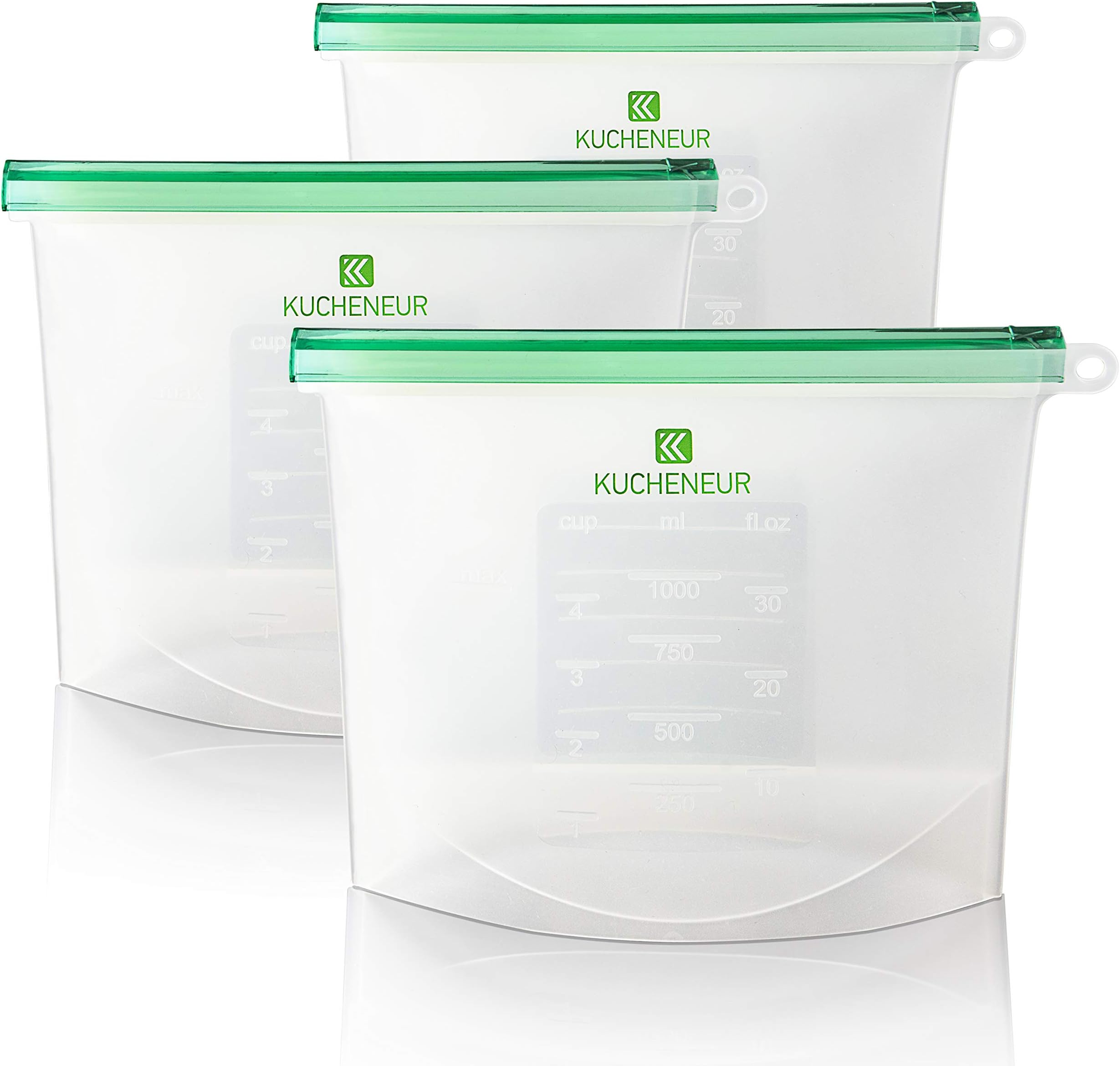 Reusable Silicone Food Storage Bag by Kucheneur - Sandwich Bag, Storage Bag, Snack Bag - BPA-Free, Pure Clear Silicone - Set of 3 Bags