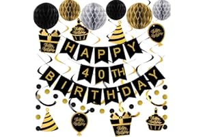 YEOCU 40th Birthday Decorations, Happy Birthday Banner with Honeycomb Balls, Gifts Hanging Swirl Streamers, Circle Dots Garland - Happy Birthday Party Decorations for Women Men (Black and Gold, 40th)