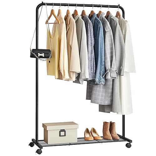 SONGMICS HSR25BK Mobile Clothes Rack on Wheels, Clothes Organizer, Metal with Storage Shelf, Bar Load 40 kg, Black