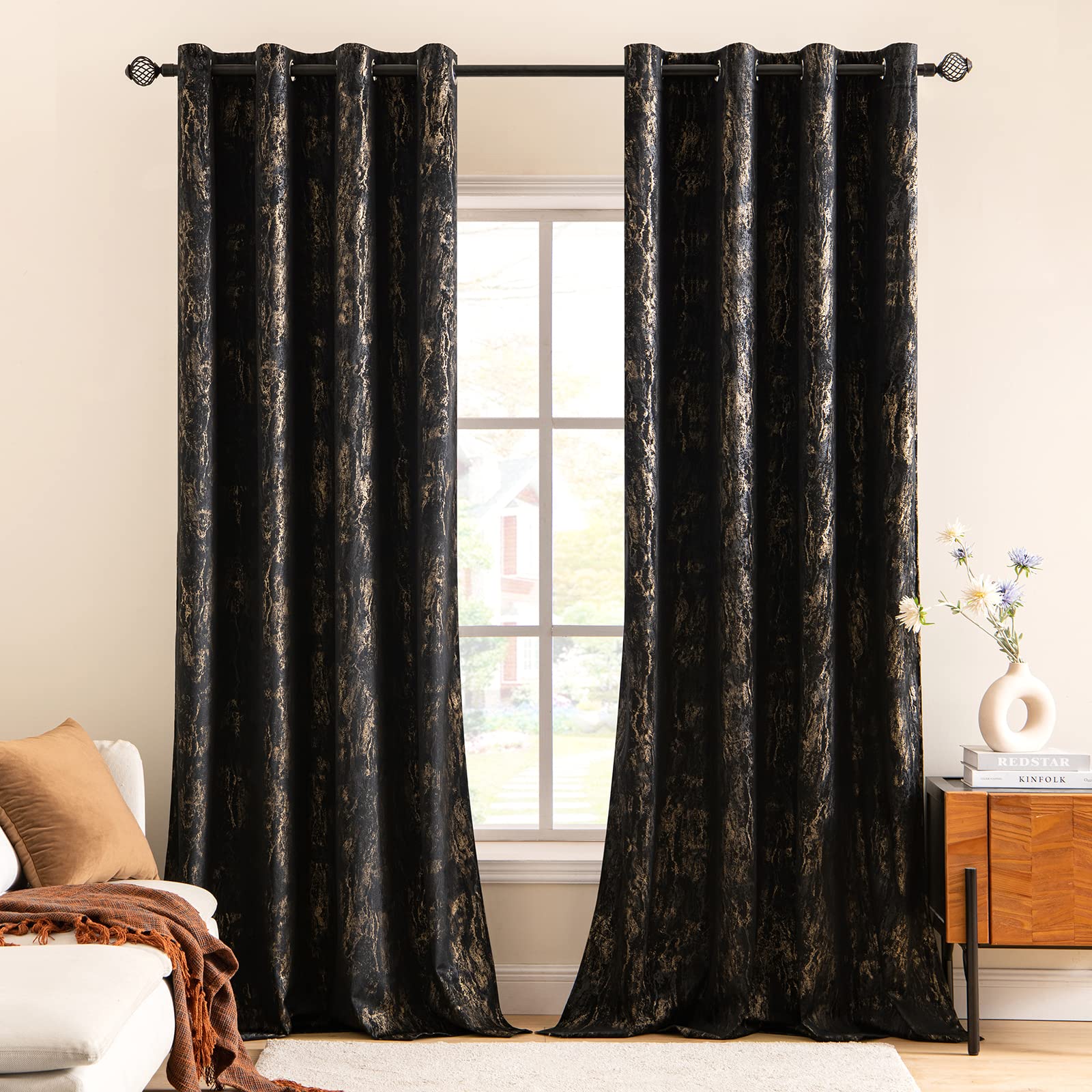 MIULEE Black Velvet Curtains with Gold Foil,2 Panel Set 90 Inch Drop Curtains,Blackout Curtains Bedroom Super Soft Thermal Insulated Eyelet Blackout Curtains for Living Room 46 x 90 Inch