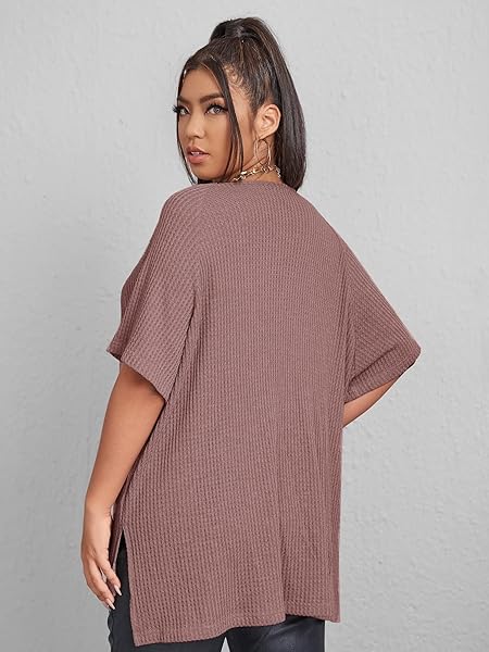 SOLY HUX WOMEN’S PLUS SIZE V NECK SHORT SLEEVE TEE SPLIT HEM WAFFLE KNIT OVERSIZED CASUAL LOOSE SUMMER BASIC T SHIRT TOPS DUSTY PINK