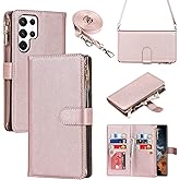 iCoverCase for Samsung Galaxy S22 Ultra Wallet Case with Card Holder, Kickstand Feature PU Leather Case with Adjustable Crossbody Lanyard Magnetic Clasp Zipper Pocket Flip Cover (Rose Gold)