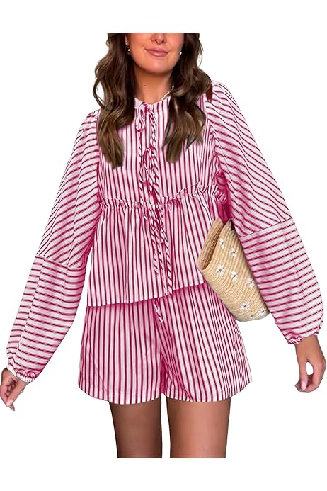 Bankeng Women Y2K Tie Front 2 Piece Shorts Set Plaid Long Puff 