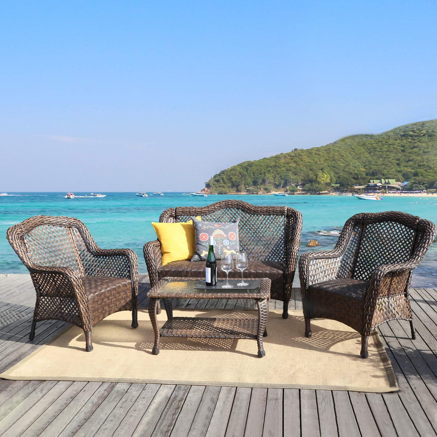 Amazon Com Haplife Patio Conversation Set 4 Pcs Rattan Wicker Outdoor Furniture Set With Quick Dry Foam Brown Garden Outdoor