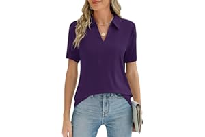 ZHENWEI Women's Short Sleeve V-Neck Polo Shirts Business Casual Work Collared Tops Dressy Johnny Collar Cute Blouses