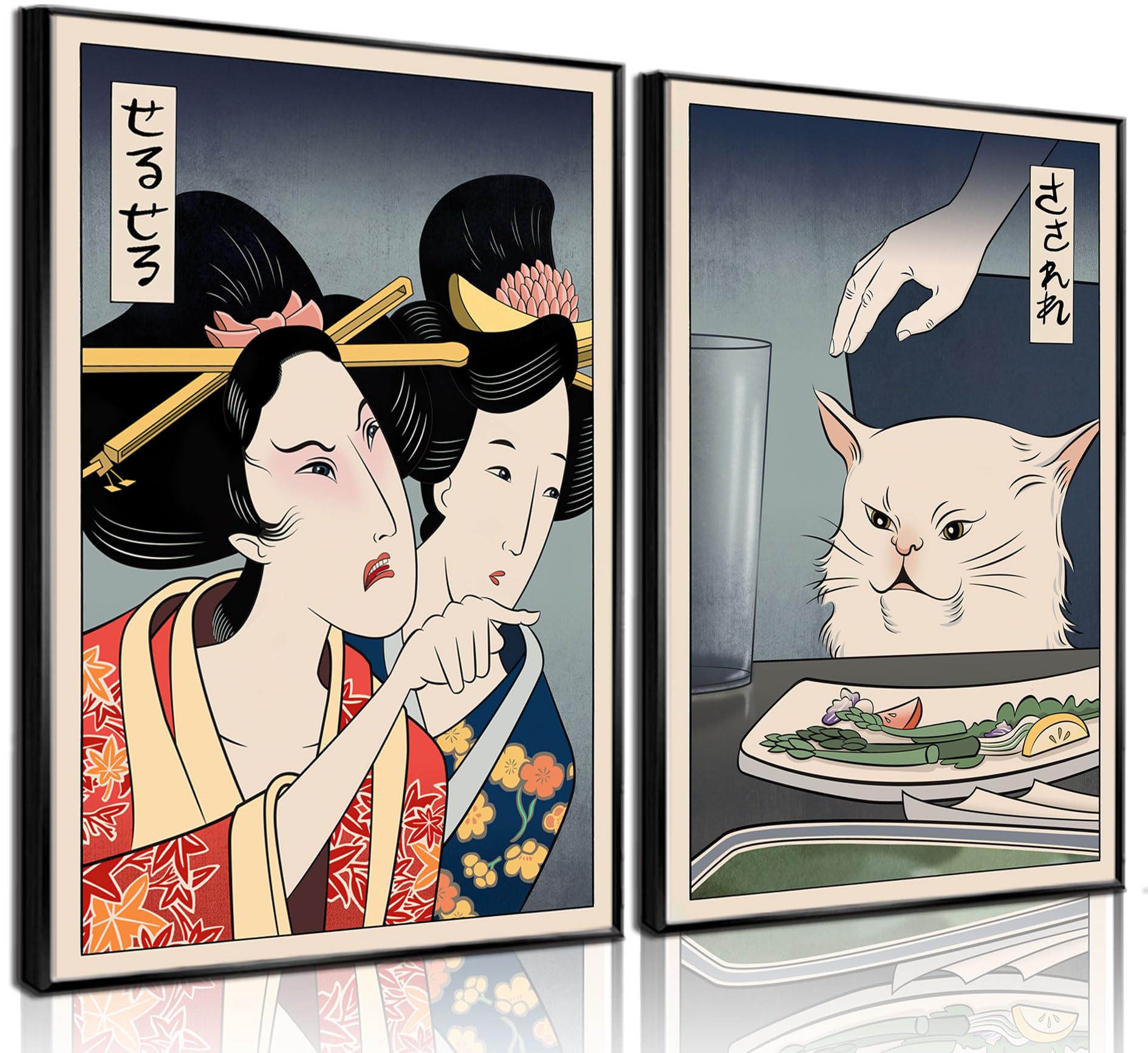 View 1 of 2Pcs Cute Funny Japanese Cat Wall Art Woman Yelling at Cat Posters Prints Vintage Japanese Canvas Paintings japanese Wall Decor Pictures Living Room Dining Room Kitchen Decoration Unframed