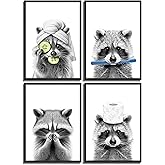 Danseed 4pcs Adorable Raccoon Bathroom Wall Art Modern Black and White Animal Wall Decor Pictures Funny Bathroom Canvas Posters Prints for bathroom Washroom laundry room Decorations Unframed