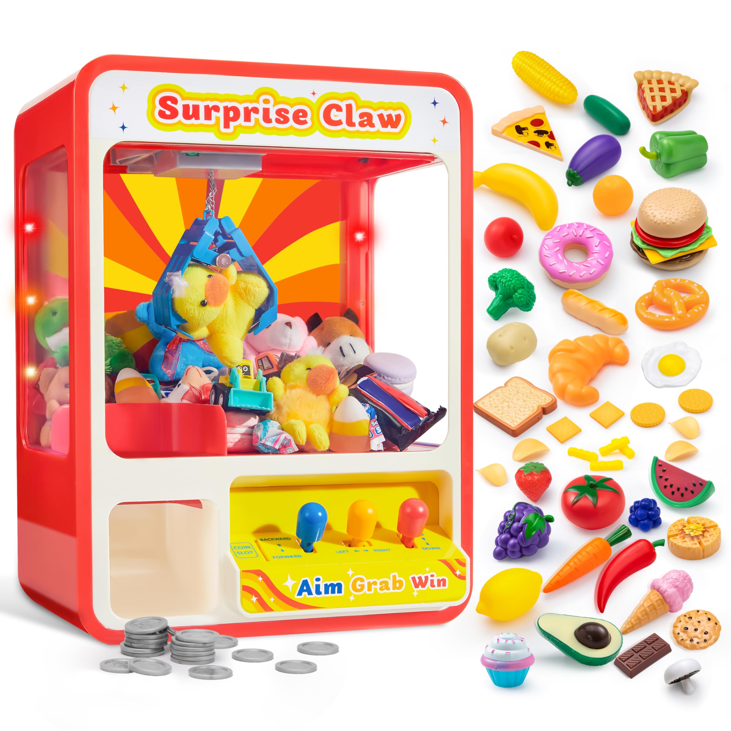 JOYIN Claw Machine with 50 Pcs Play Food Toys for Kids, Claw Machine Arcade Toy with LED Light & Adjustable Sound, Plastic Pretend Kitchen Playset