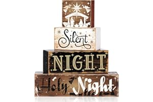 Moucuny 4 Pcs Wooden Christmas Nativity Table Sign Wooden Holy Night Decorative Signage Xmas Tiered Tray Decor Winter Centerpieces Farmhouse Block Set Xmas Table Sign for Home