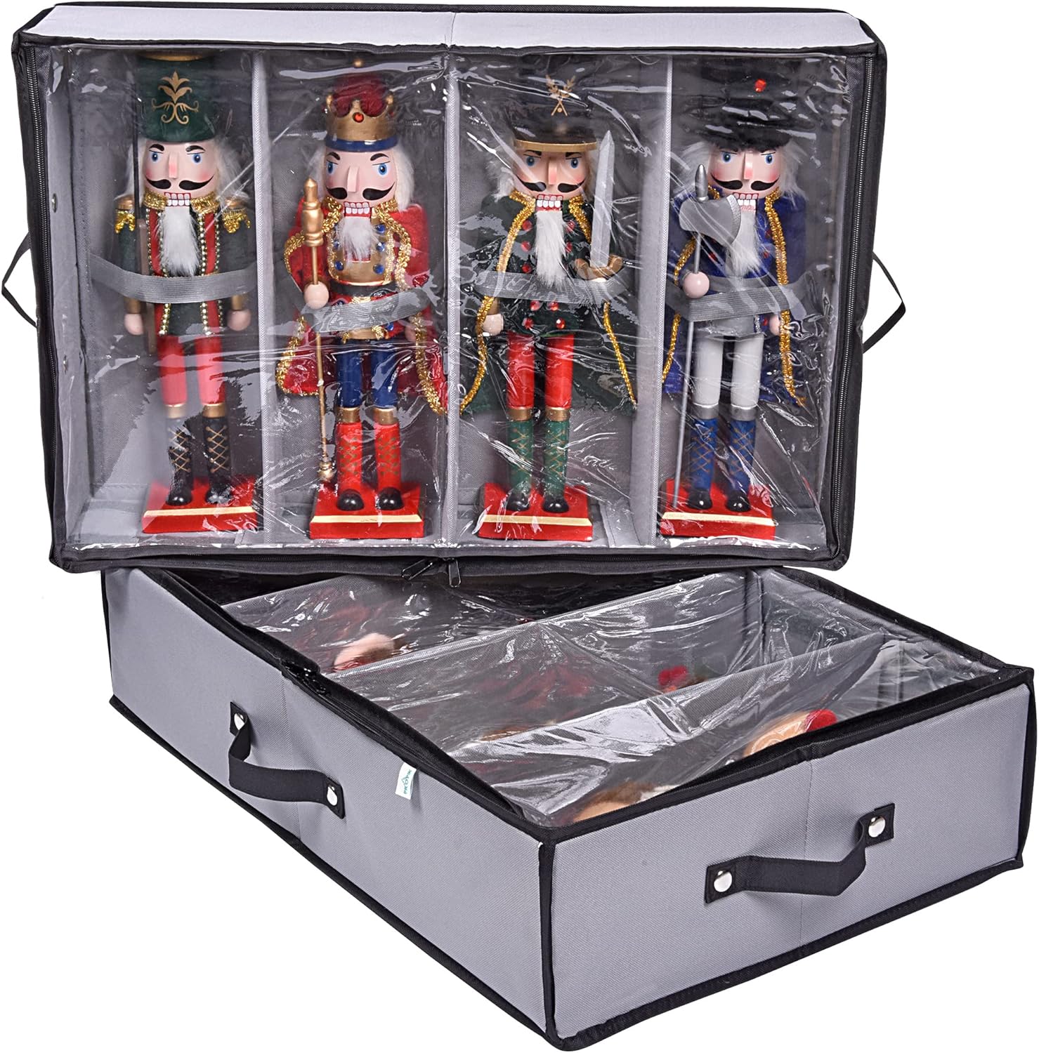 Nutcrackers - ProPik 2 Pack Portable Christmas Figures Storage Box - Each Holds 4 Figurines up to 16inches - Large Adjustable Christmas Nutcracker Decorations Storage Containers - Clear Top, Foldable Design Xmas Decor Accessories Boxes (Gray)