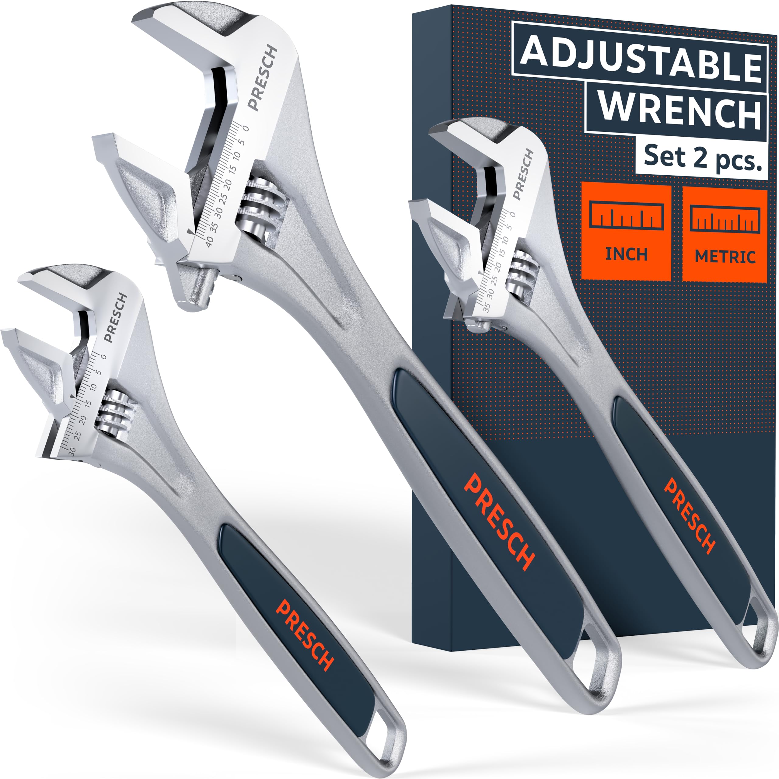 PRESCH Adjustable Wrench Set - 8inch, 10inch & 12inch - Laser-Engraved Scale 30mm-40mm (Metric & inch) - Precision-Milled for Optimal Grip - Sturdy, Adjustable spanners