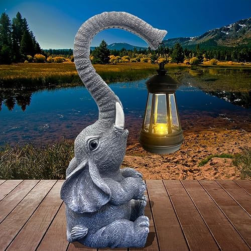 LISLINQI 10.6 Inch Statue Elephant with Solar Outdoor Lights for Garden Decor，Lucky Present with Appeal for Birthdays(Man and Women and Family)，Unique Housewarming Presents and Yard Decor. (Gray)