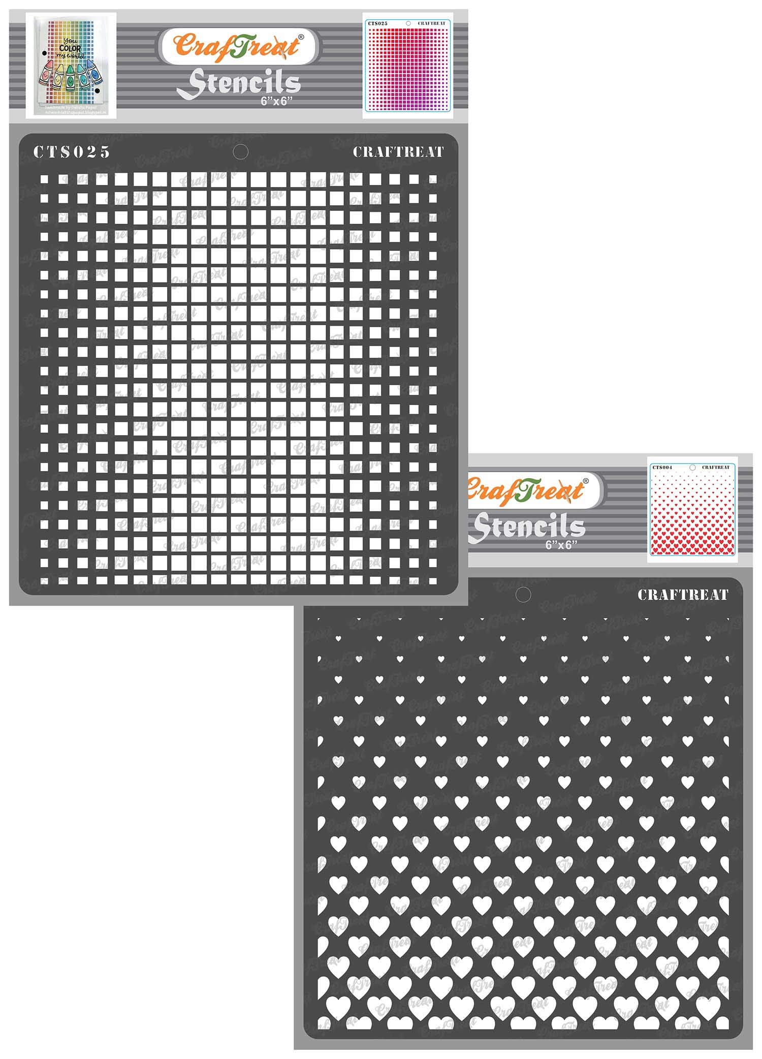 CrafTreat Reusable Geometric Stencils for Painting on Wood, Wall, Tile, Canvas, Paper, Fabric and Floor - Ombre Square and Flying Hearts - 2 Pcs - 6x6 Inch Each - DIY Art and Craft Stencils