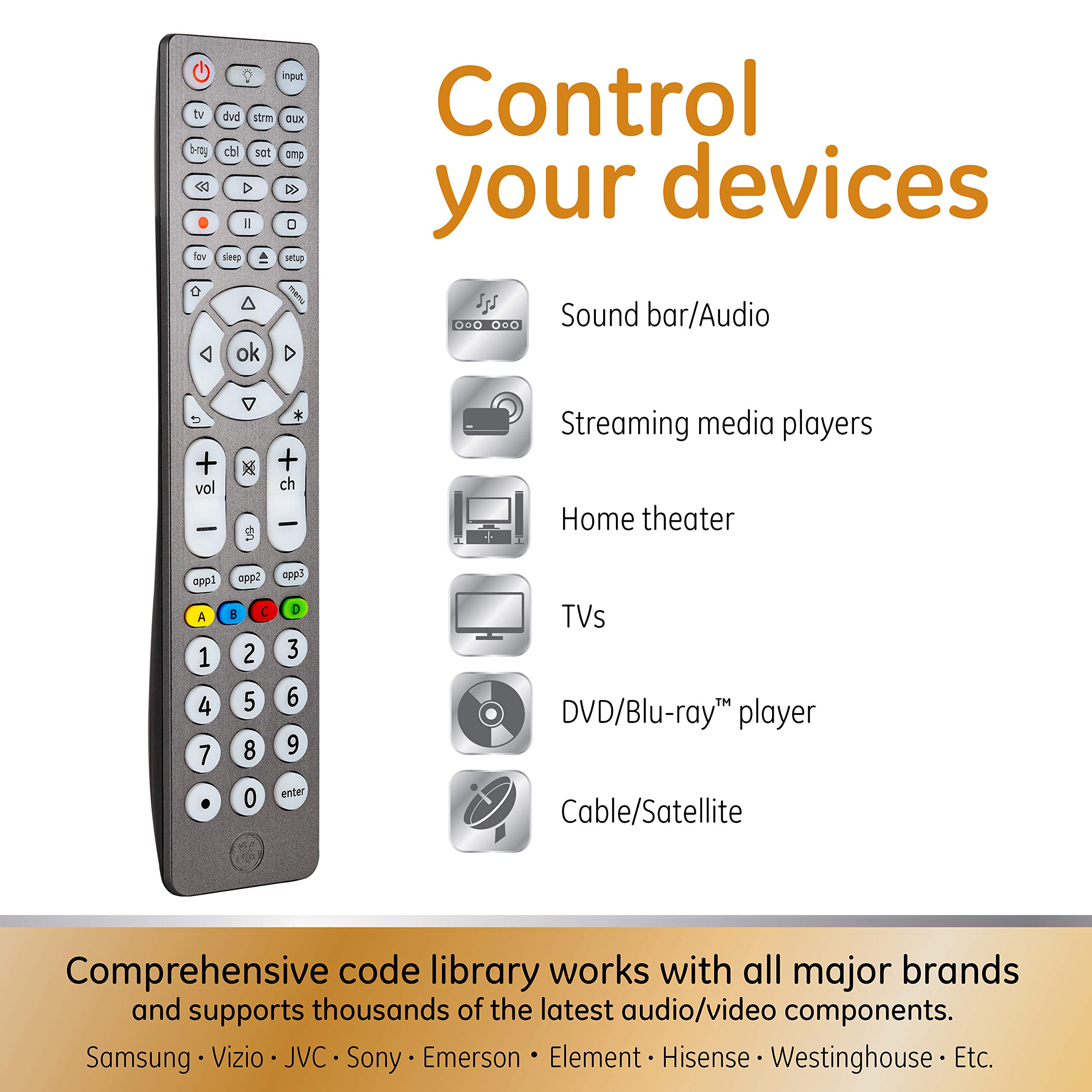 GE Backlit Buttons Universal Remote Control, Samsung TV Remote Control Replacement, Samsung Remote Control for Smart TV, Roku Remote Replacement, Vizio, LG TV,Sony, Apple TV, 8-Device, Graphite, 47510