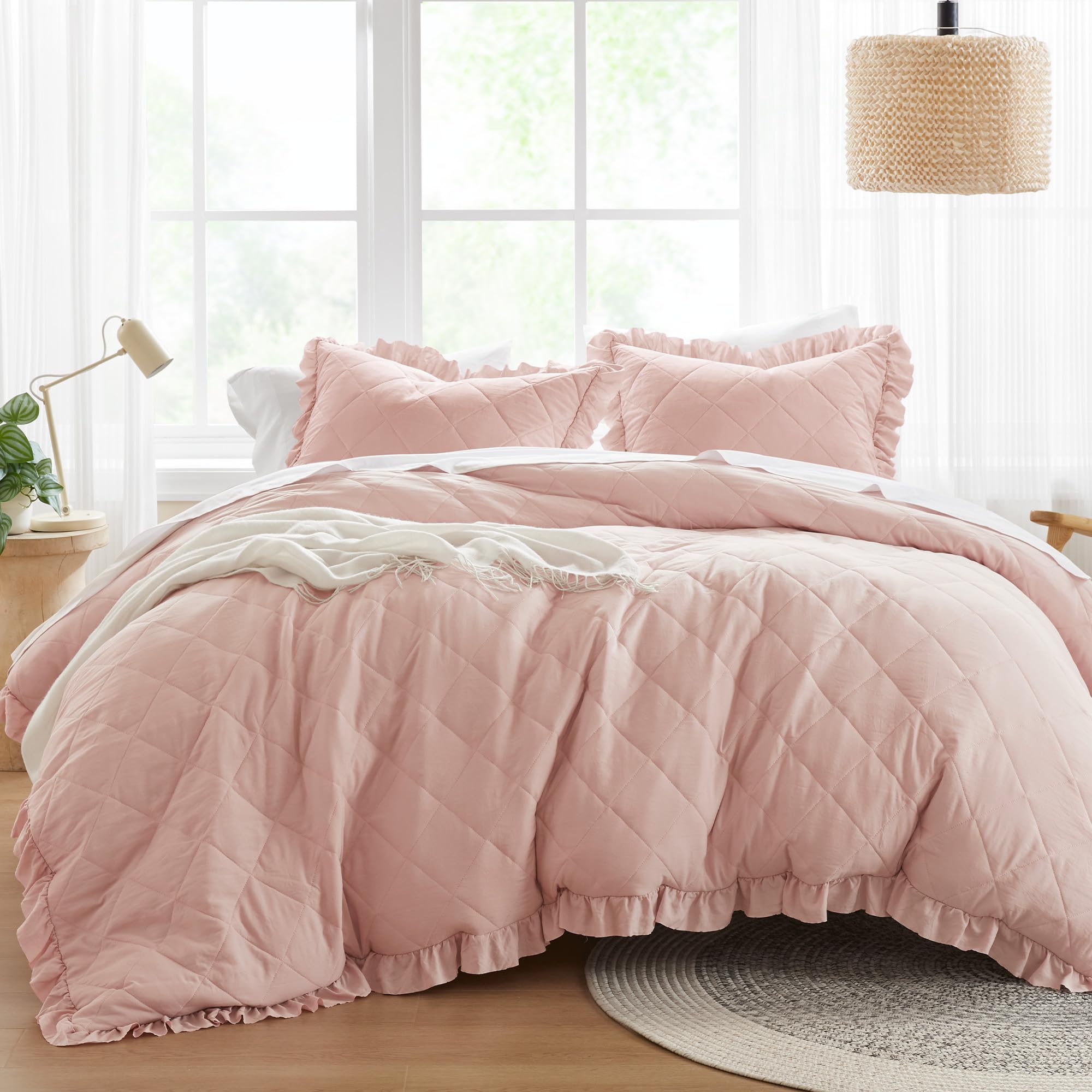 Photo 1 of Comfort Spaces Blush King Duvet Cover Set - 3 Pieces Ruffle Diamond Quilted Duvet Cover, All Season Lightweight, Cotton-Like Softness Pre-Washed Microfiber King Bedding Cover & Shams, King