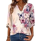 Kistore Womens 3/4 Length Sleeve Tunic Tops Casual V Neck Shirts Business Work Blouses Trendy Flowy Tees