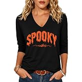 Halloween Shirts for Women V Neck 3/4 Sleeve Tops Spook Season Graphic Tee | Halloween Shirt,V Neck Shirt,3/4 Length Sleeve Women Top,Halloween Outfits For Women,Fall Shirts For Women,Spooky Graphic Tee