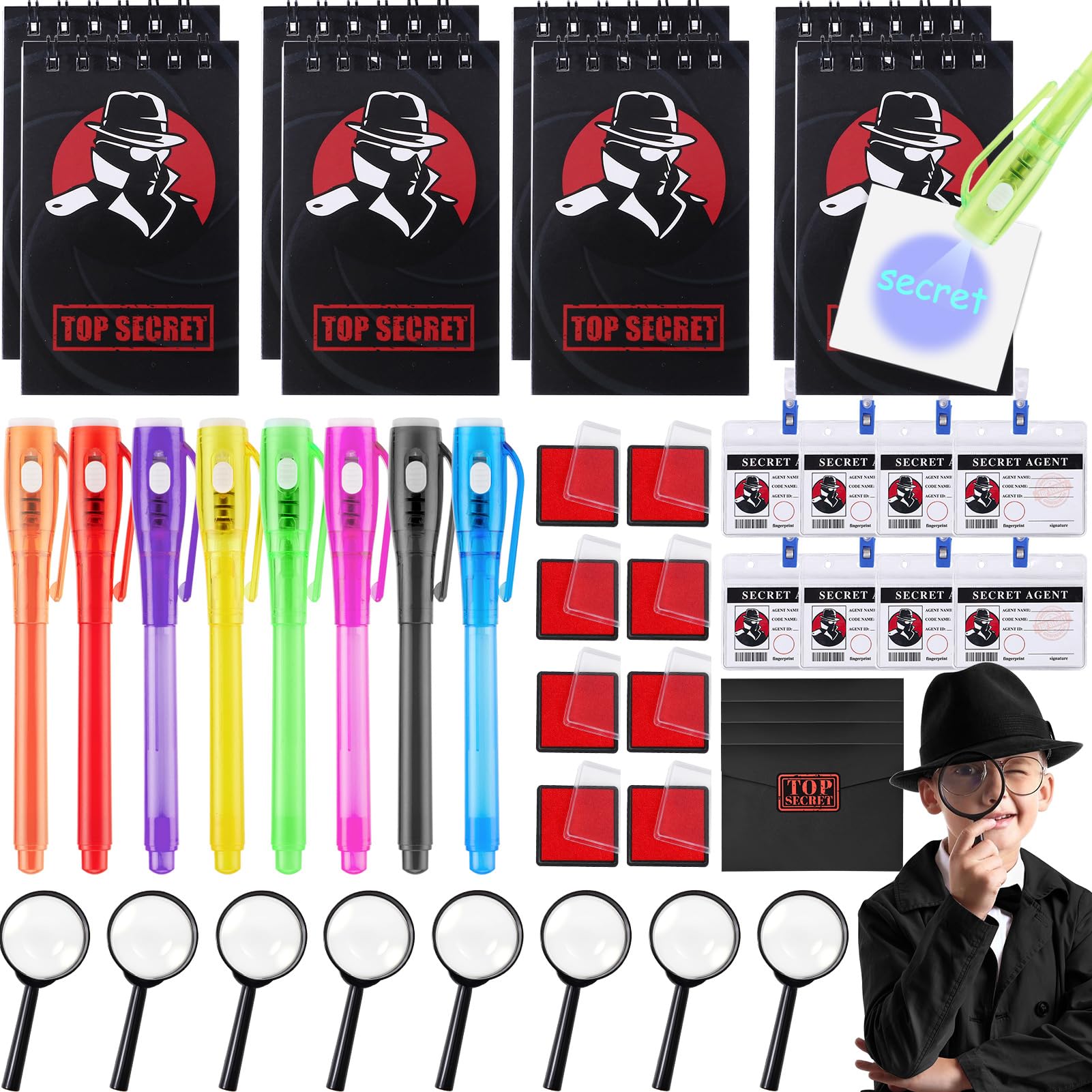 48pcs Spy Party Bags Fillers Detective Party Favours Invisible Ink Pen, Notebook, Magnifying Glasses,Detective ID, Fingerprint Ink Pad and Envelope, Spies Detective Party Favors for Kids Boys Girls