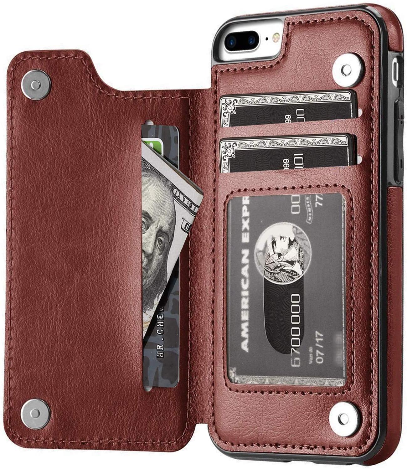 iPhone 7 Plus/iPhone 8 Plus Wallet Case Credit Card Holder, XRPow Slim Premium Leather Cover Stand Magnetic Closure Flip Card Wallet Stand Case for iPhone 7 Plus/ 8 Plus 5.5" (Brown)