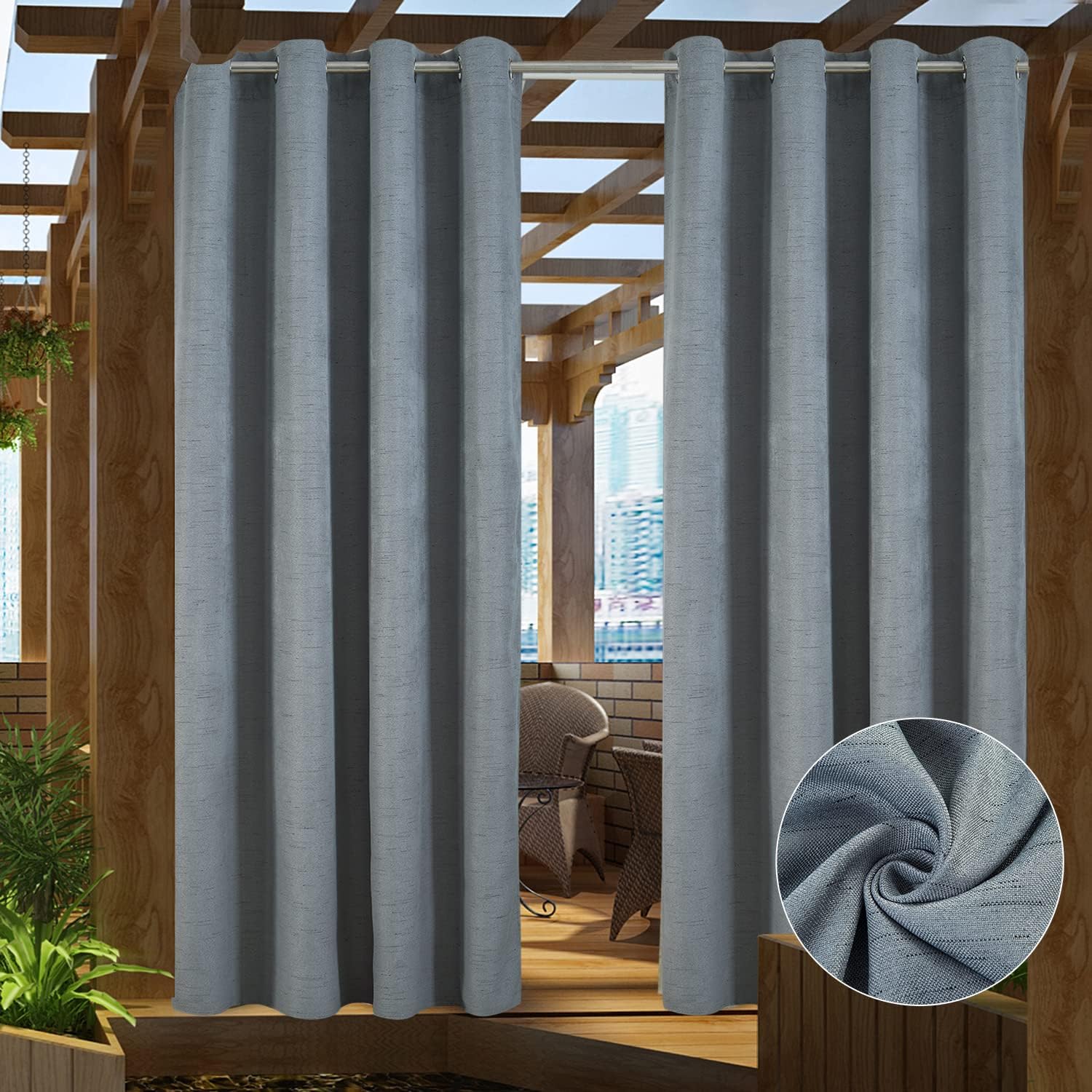 Outdoor Curtains - PRAVIVE Gray Blackout Outdoor Drapes - Waterproof Outside Eyelet Linen Curtains for Patio Heavy Weighted Exterior Blinds Pergola Drapery for Deck/Gazebo/Porch, 52
