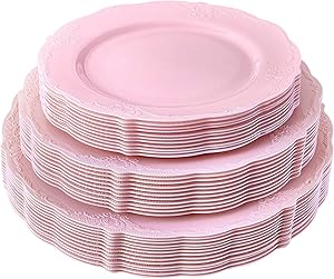 ELEGANT WEDDING AND PARTY DISPOSABLE DINNERWARE | 20 Dinner Plates, 20 Side Plates and 20 Dessert Plates | Vintage Collection (Blush)