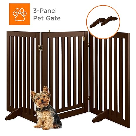 Best Choice Products 31.5in 3-Panel Freestanding Wooden Pet Gate w/Walk Through Door, Adjustable Pen, Support Feet - Espresso