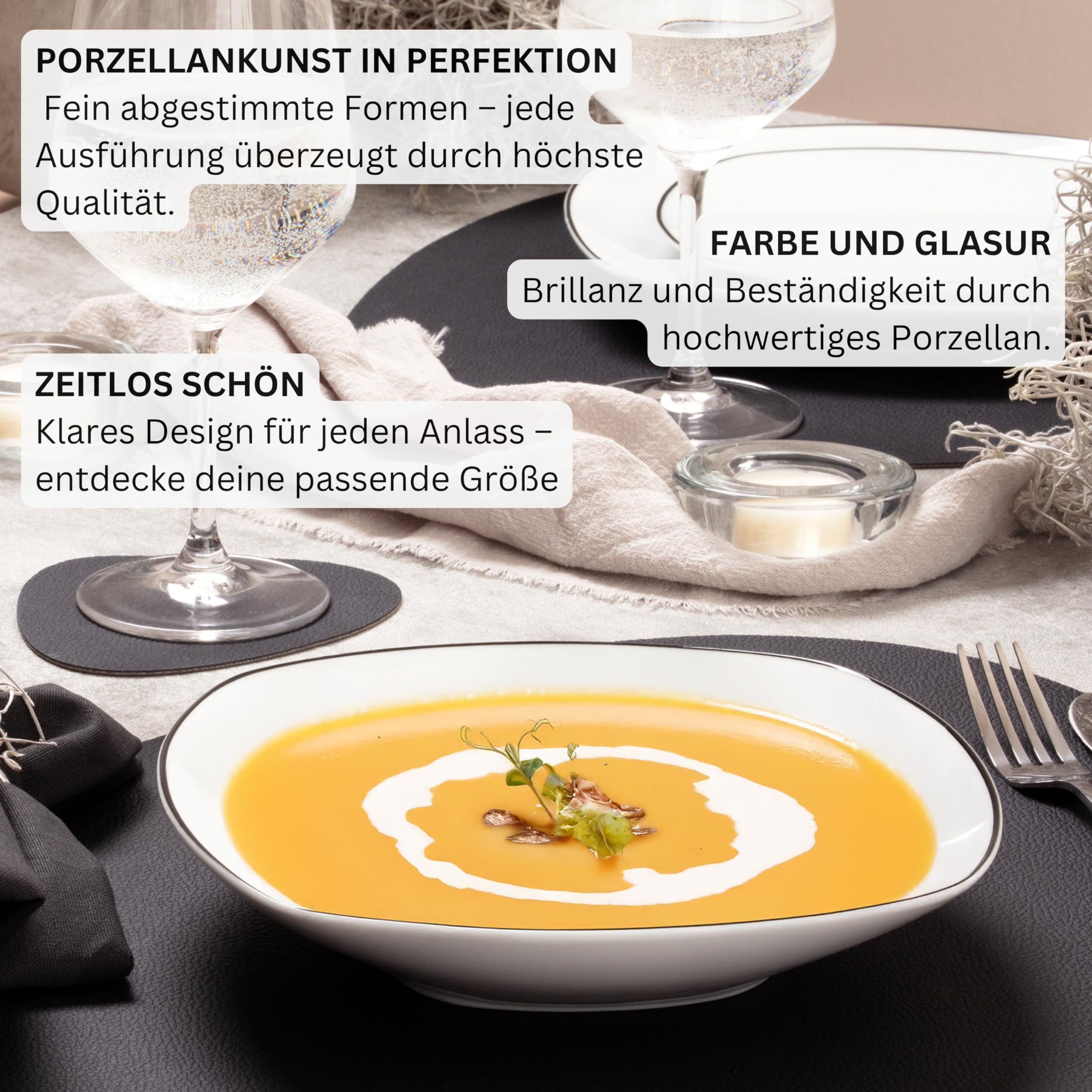 SÄNGER | Teller Set Bilgola Black Rim 18 tlg, Porzellan Geschirrset 6 Personen Tafelservice Spülmaschinenfest, Essgeschirr mit Flachen & Tiefen Tellern mit Schwarzen Akzenten | PREMIUM COLLECTION 6