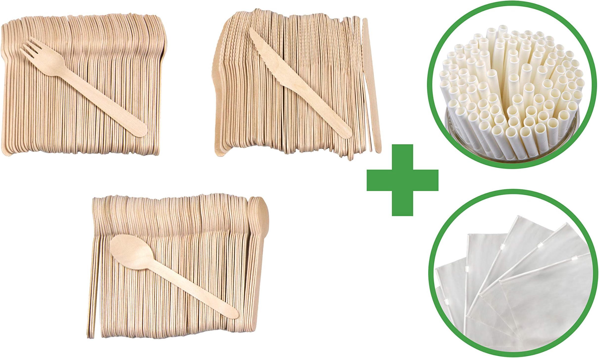 LIQUIDATION disposable wooden cutlery utensil set w PAPER STRAWS IN RESEALABLE BAG - 400 pack: 100 Spoons 100 Forks 100 Knives 100 Straws. Perfect for all occasions: wedding, baby shower, st patrick