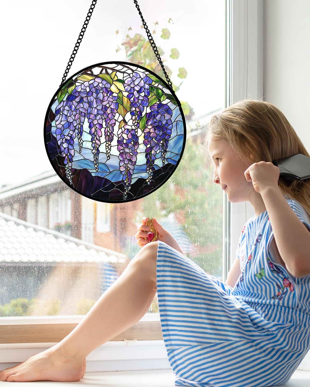 AMDERVEN Stained Glass Window Hanging, Wisteria Flower Sun Catcher for Door Home Decor Purple and Blue Suncatcher Christmas Mother's Day Birthday Gifts for Women Men Mom and Nana 11.8 in Image