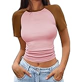 GKBK Women's Short Sleeve T Shirts Crewneck Color Block Ribbed Knit Slim Fit Casual Basic Crop Tops Summer Outfits
